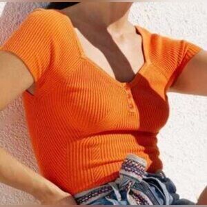 Anthropologie Maeve Orange Sweetheart Top Ribbed Sweater Cap Sleeve XS